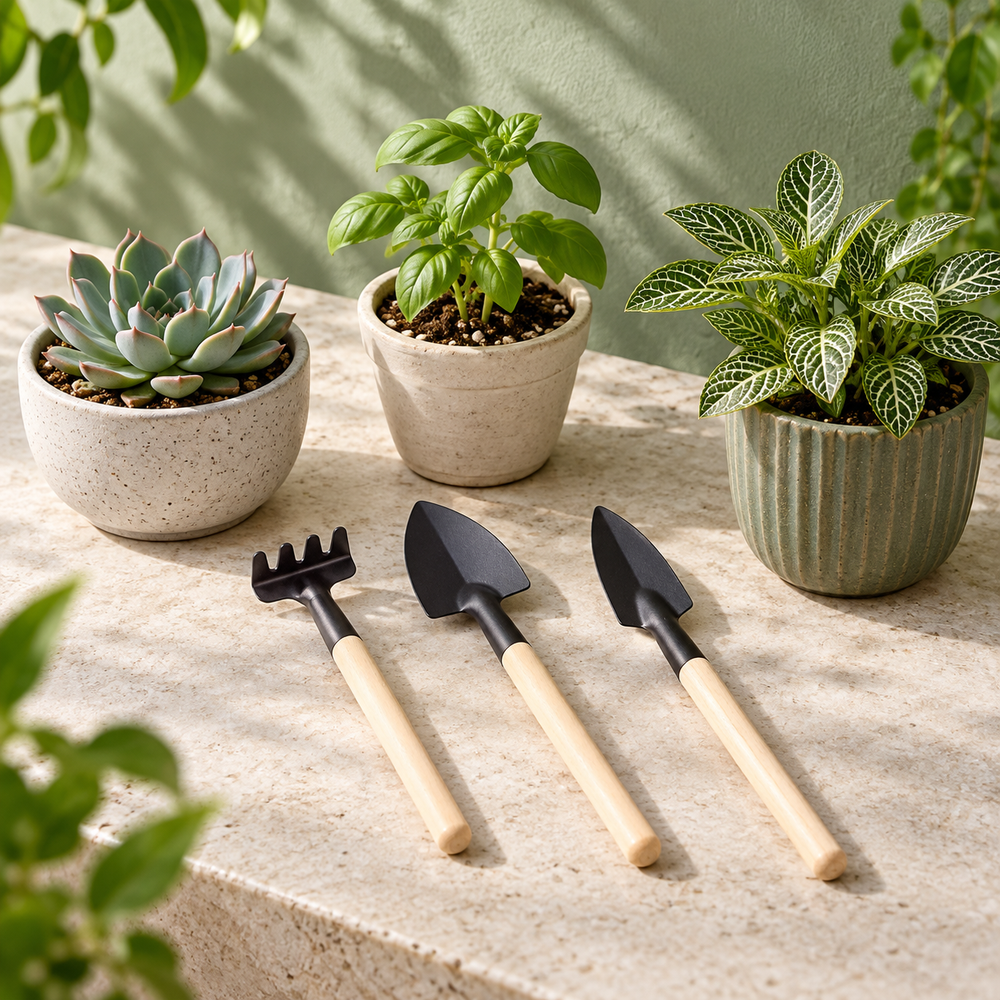 Slim-Handle Mini Garden Tool Set — three compact tools styled with indoor plants