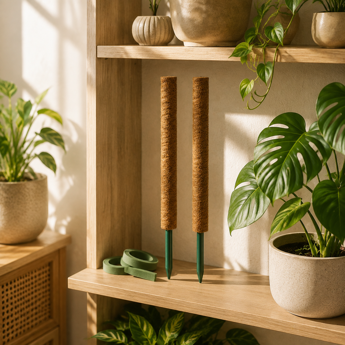 MossArc Bendable Coir Poles — styled plant-room view