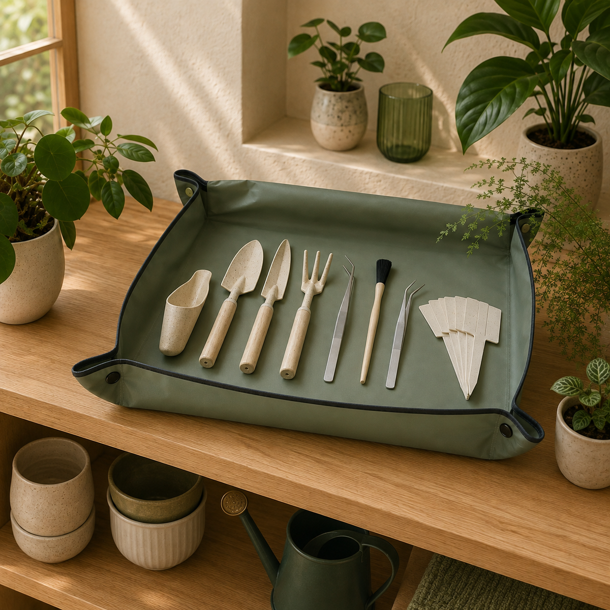 RepotEase Indoor Potting Mat Set — styled plant-room view