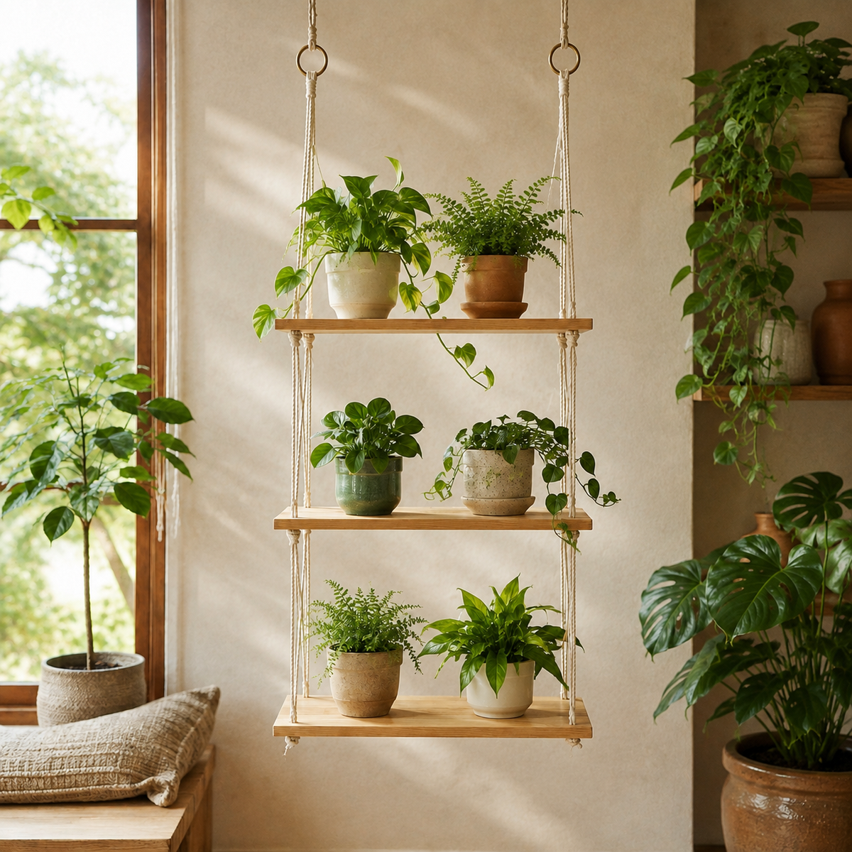 WindowLeaf Hanging Plant Shelf — styled plant-room view