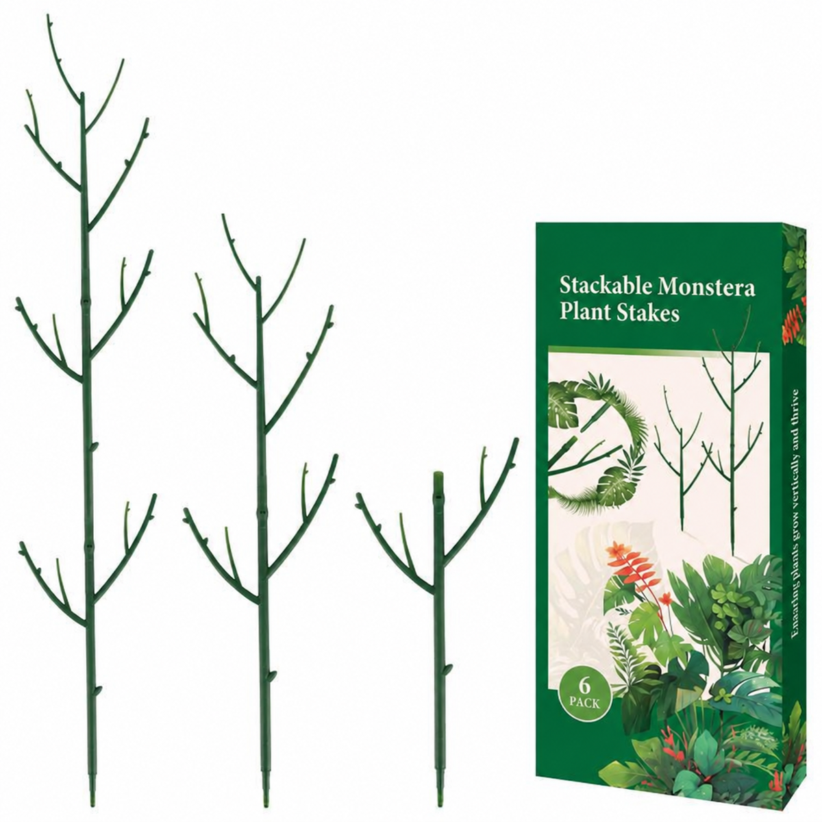 Stackable Monstera Plant Support Stakes — product set and unbranded packaging