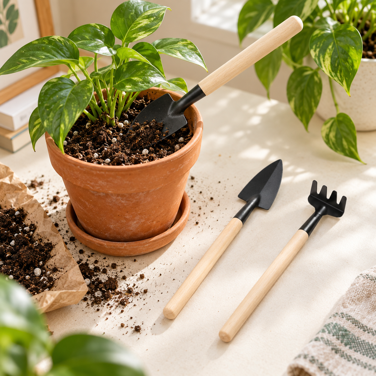 Slim-Handle Mini Garden Tool Set — broad mini trowel used for repotting an indoor plant