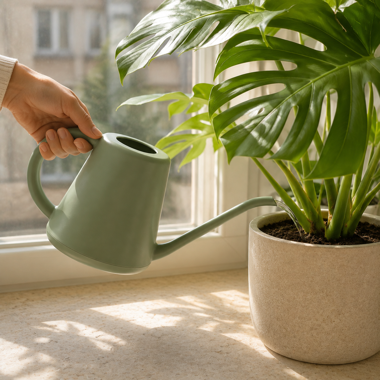 SageReach long-spout watering can directing water to monstera soil