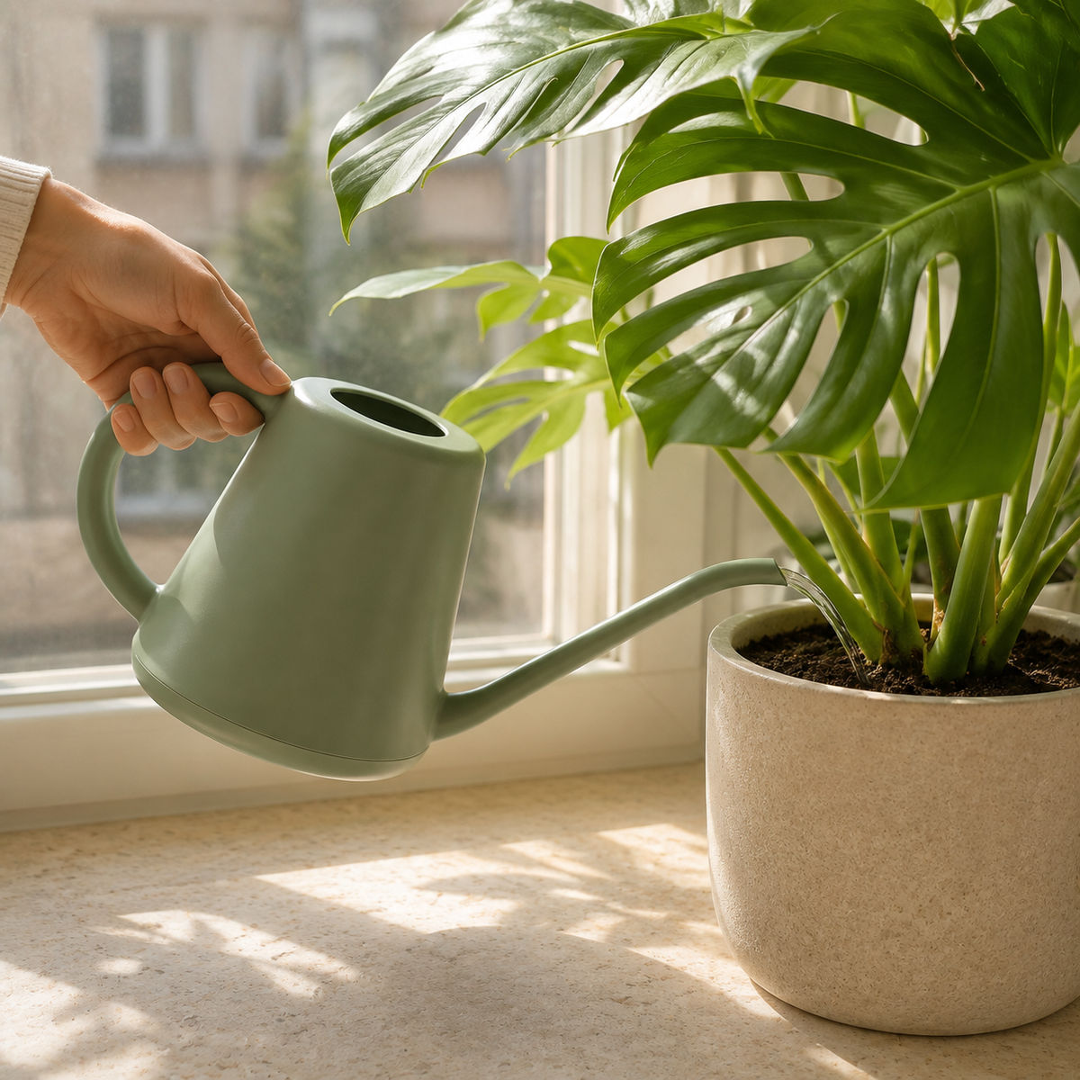 SageReach long-spout watering can directing water to monstera soil