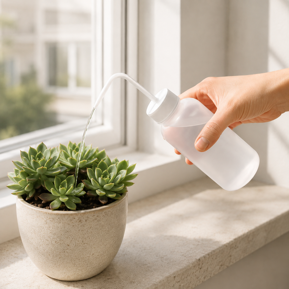 RootDrop squeeze bottle watering a small succulent on a windowsill