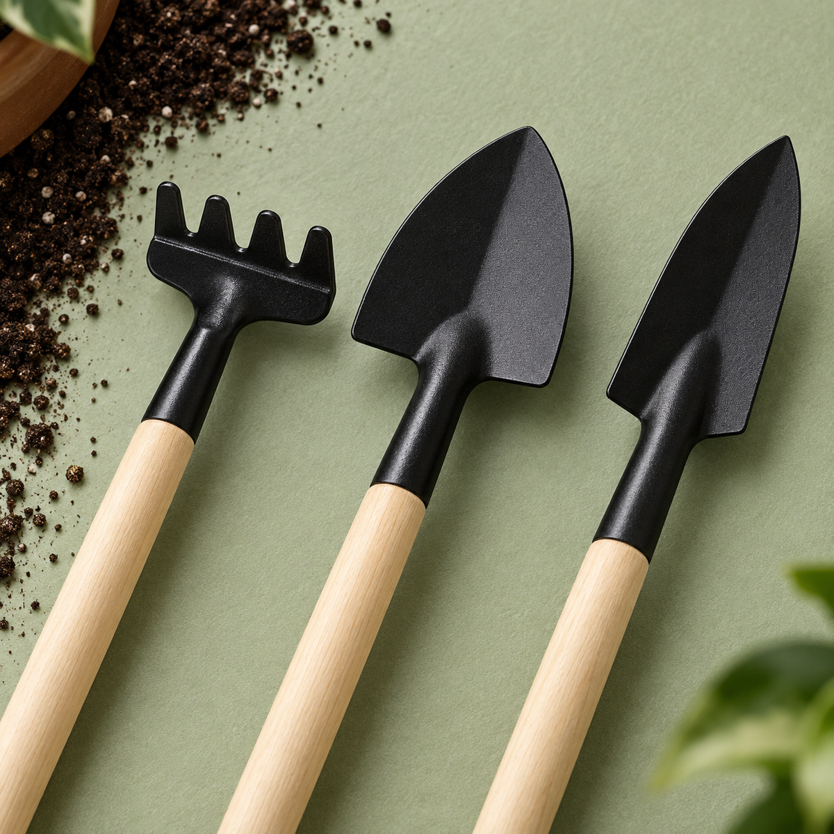 Slim-Handle Mini Garden Tool Set — matte black iron heads and slim natural wood handles