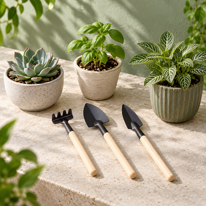 Slim-Handle Mini Garden Tool Set — three compact tools styled with indoor plants