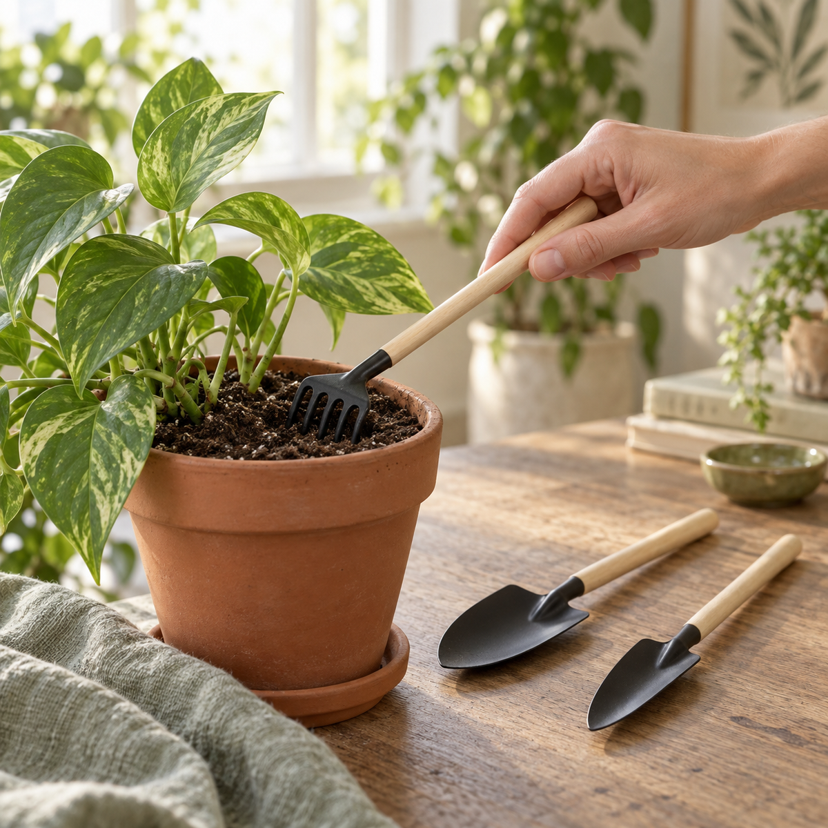 Slim-Handle Mini Garden Tool Set — five-tine hand rake loosening potting soil
