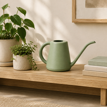 SageReach sage watering can stored beside indoor plants on an oak shelf