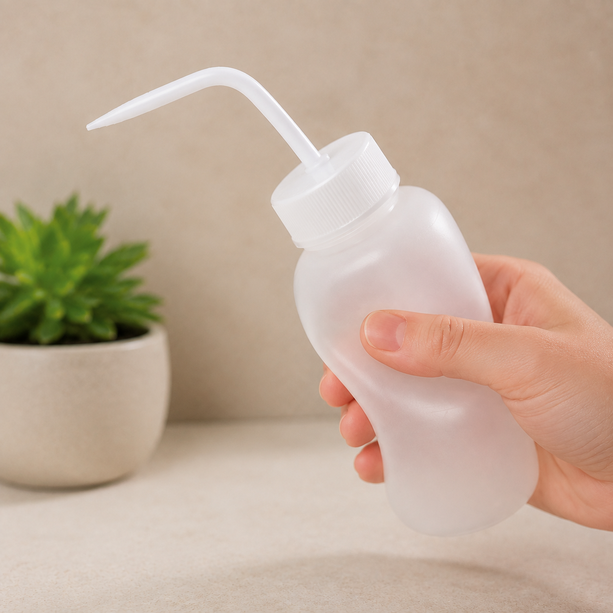 Soft frosted body of the RootDrop plant watering bottle held in one hand