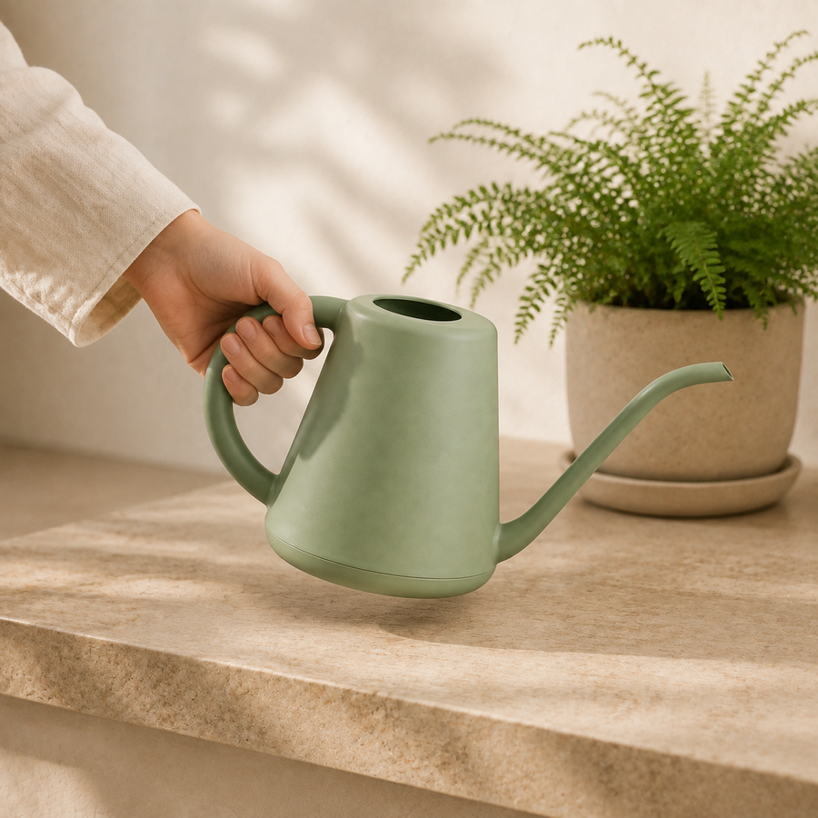 Rounded handle and balanced body of the SageReach indoor watering can