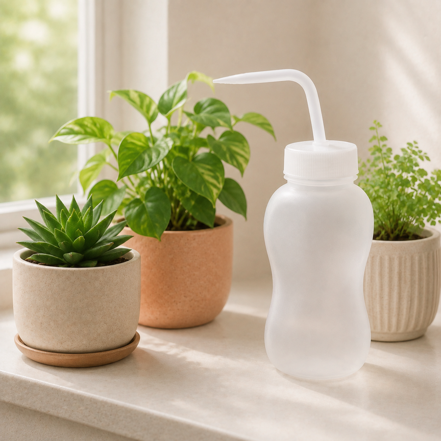 RootDrop watering bottle arranged beside small indoor plants