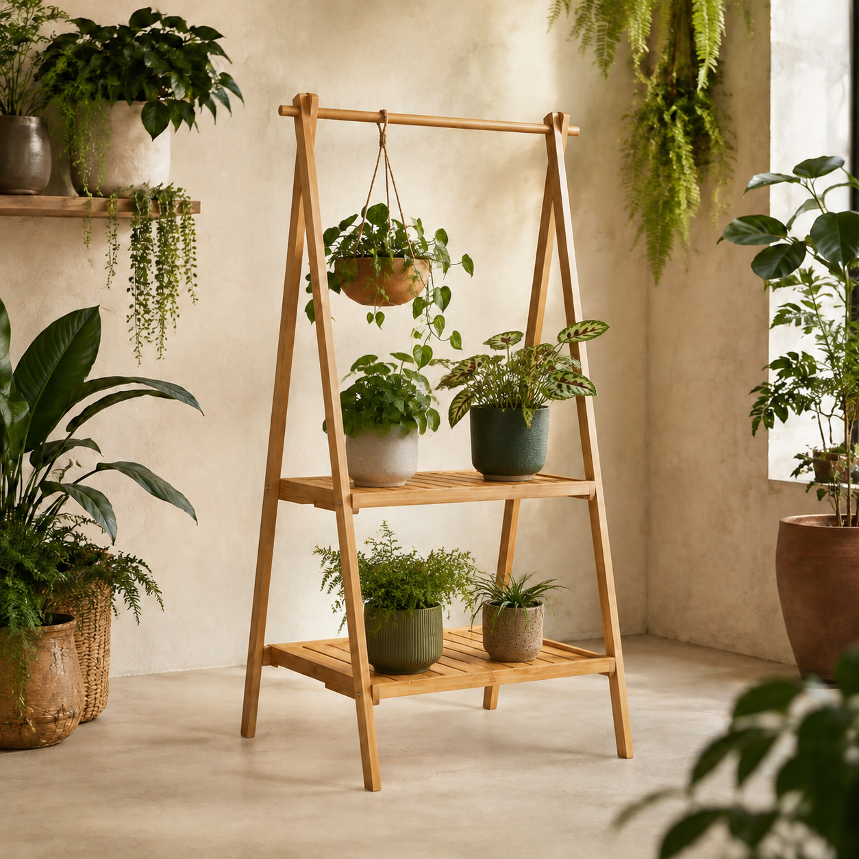 BambooRise A-Frame Plant Shelf — in-use view