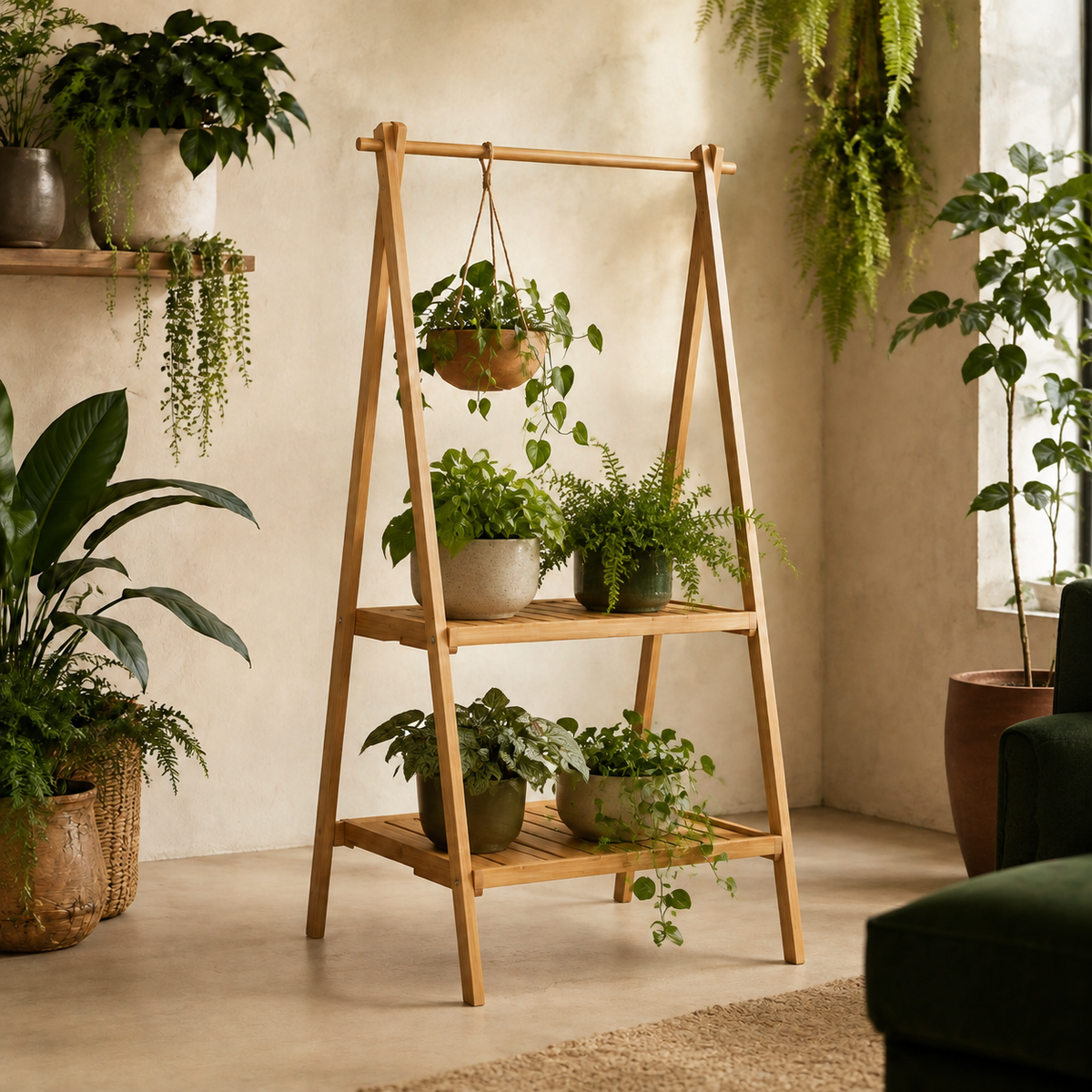 BambooRise A-Frame Plant Shelf — styled plant-room view