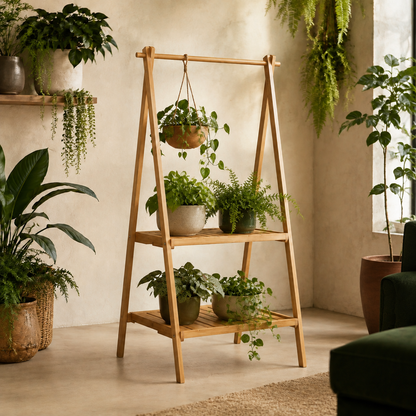 BambooRise A-Frame Plant Shelf — styled plant-room view