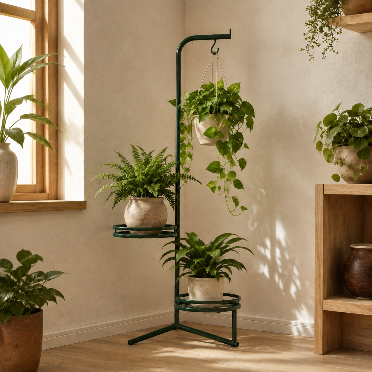 CornerBloom Plant Stand with Hook — in-use view