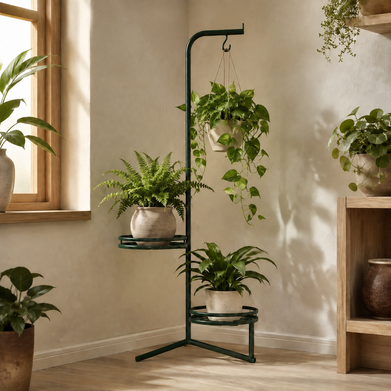 CornerBloom Plant Stand with Hook — styled plant-room view