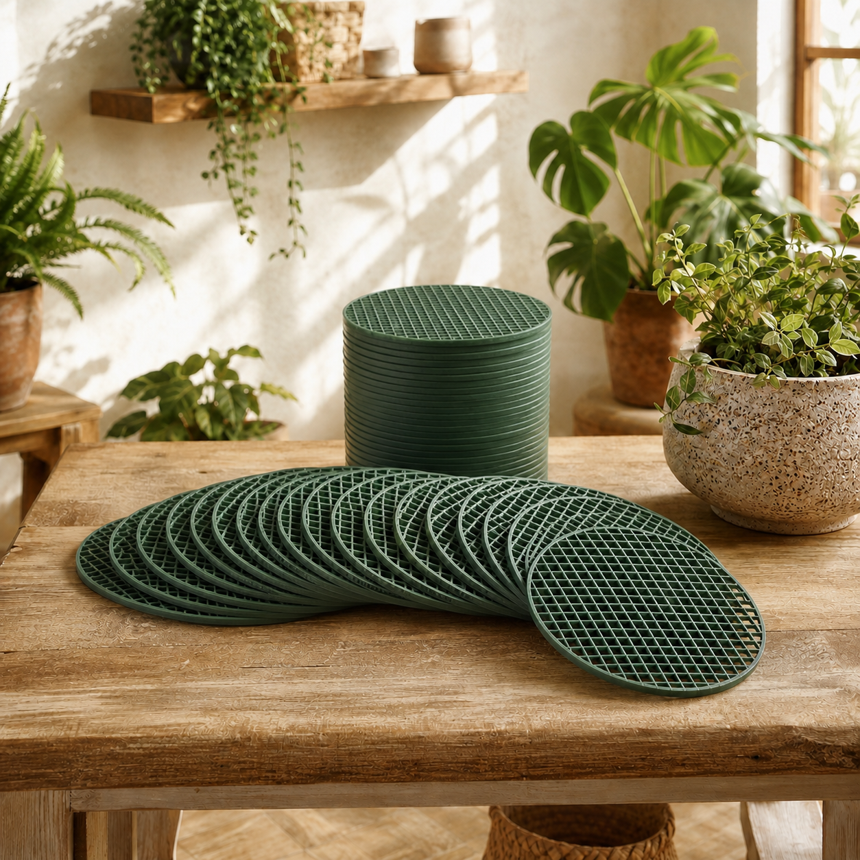 DrainGuard Pot Mesh Pads — styled plant-room view