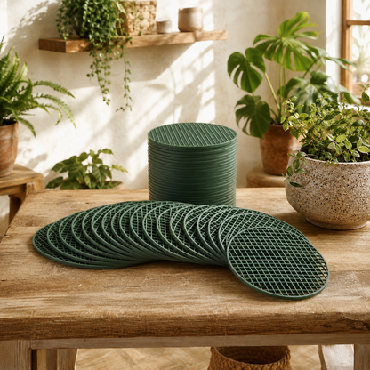 DrainGuard Pot Mesh Pads — styled plant-room view