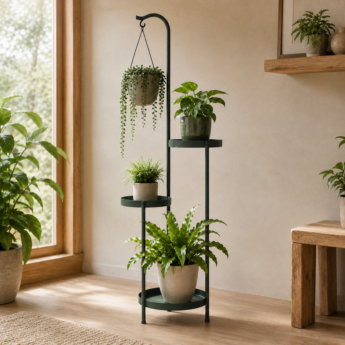 GroveTier Indoor Plant Stand — styled plant-room view
