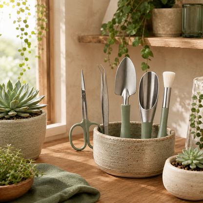 MiniTend Succulent Tool Set — styled plant-room view