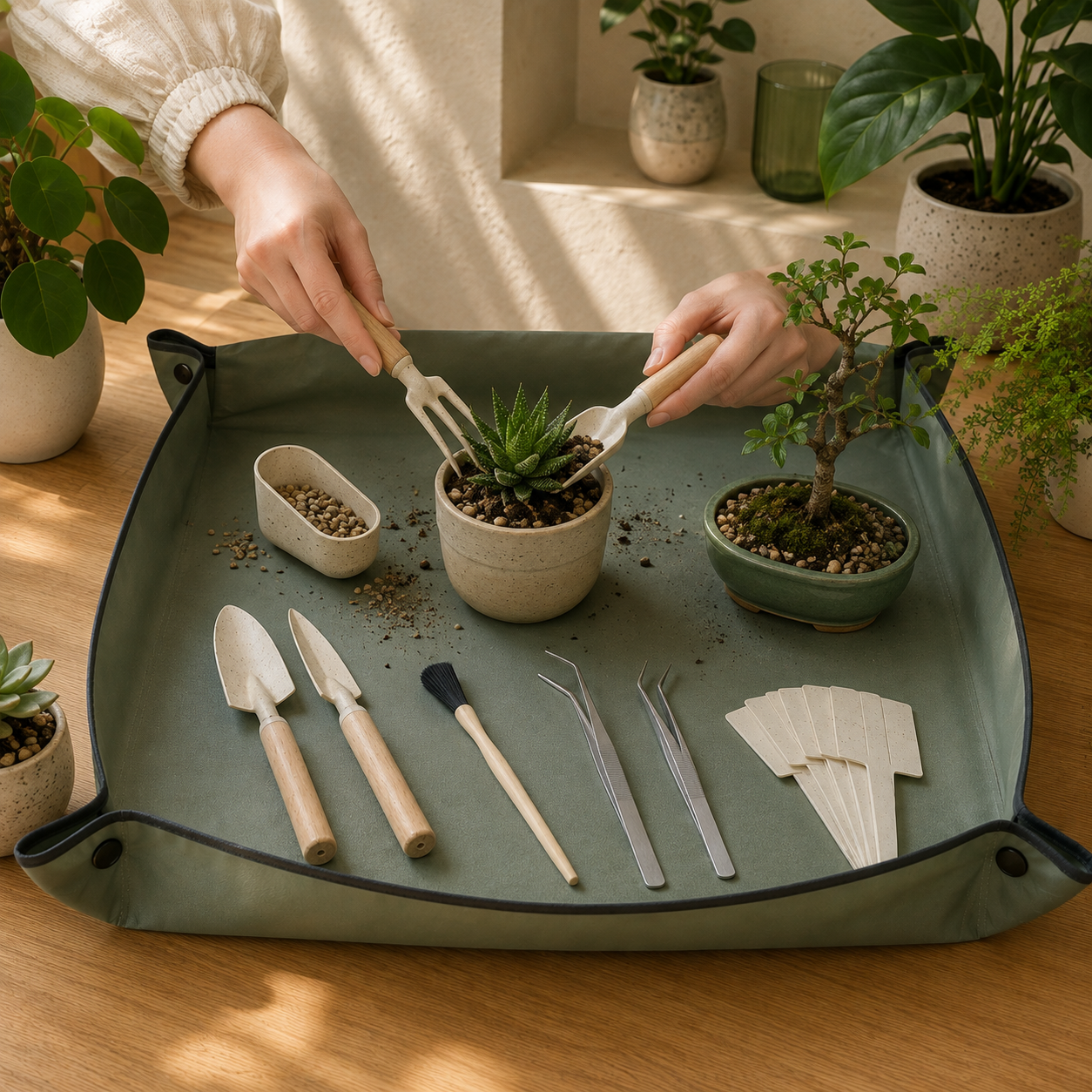 RepotEase Indoor Potting Mat Set — in-use view