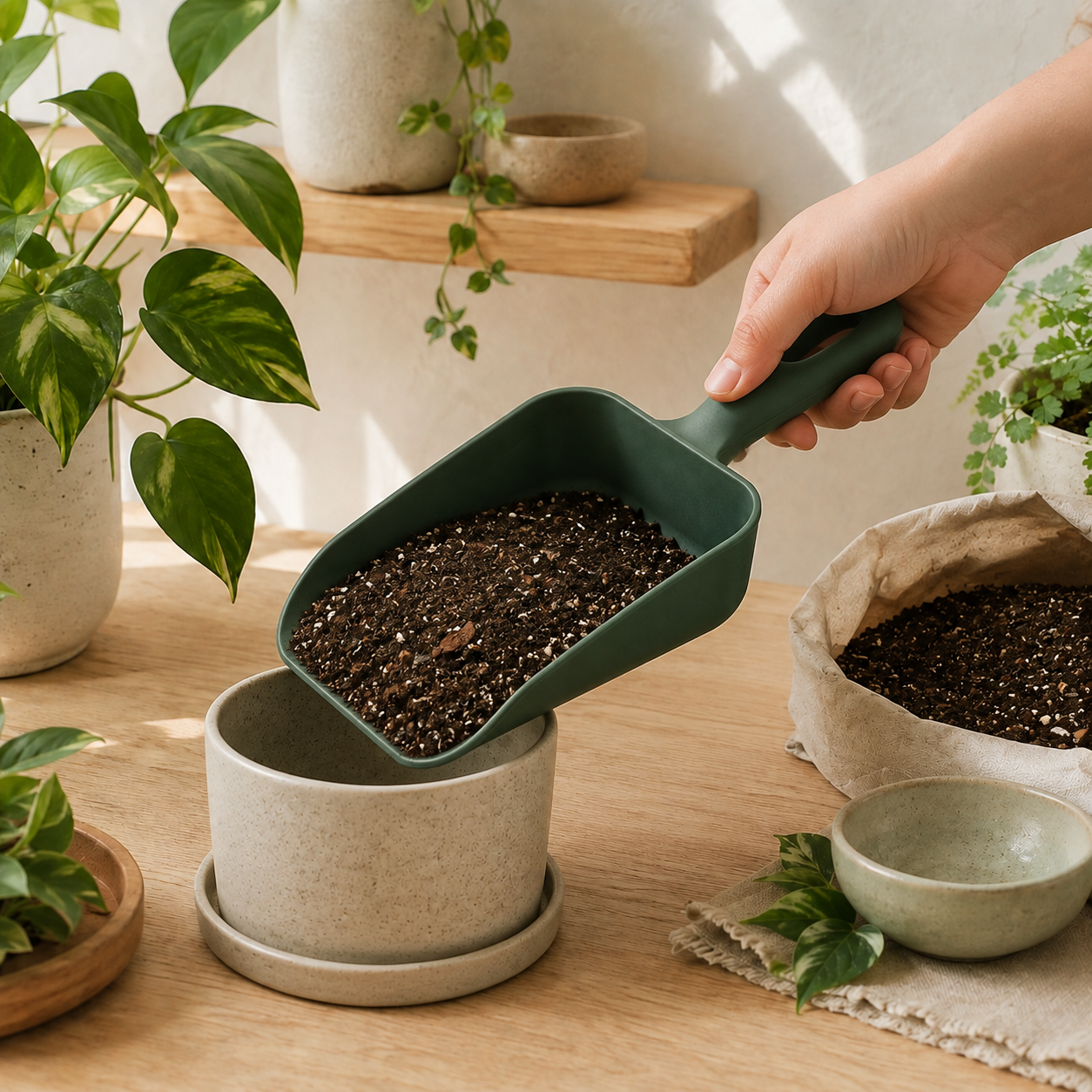 SoilScoop Deep-Side Potting Scoop — in-use view