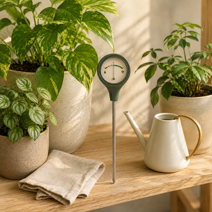 SoilSense Analog Moisture Meter — styled plant-room view