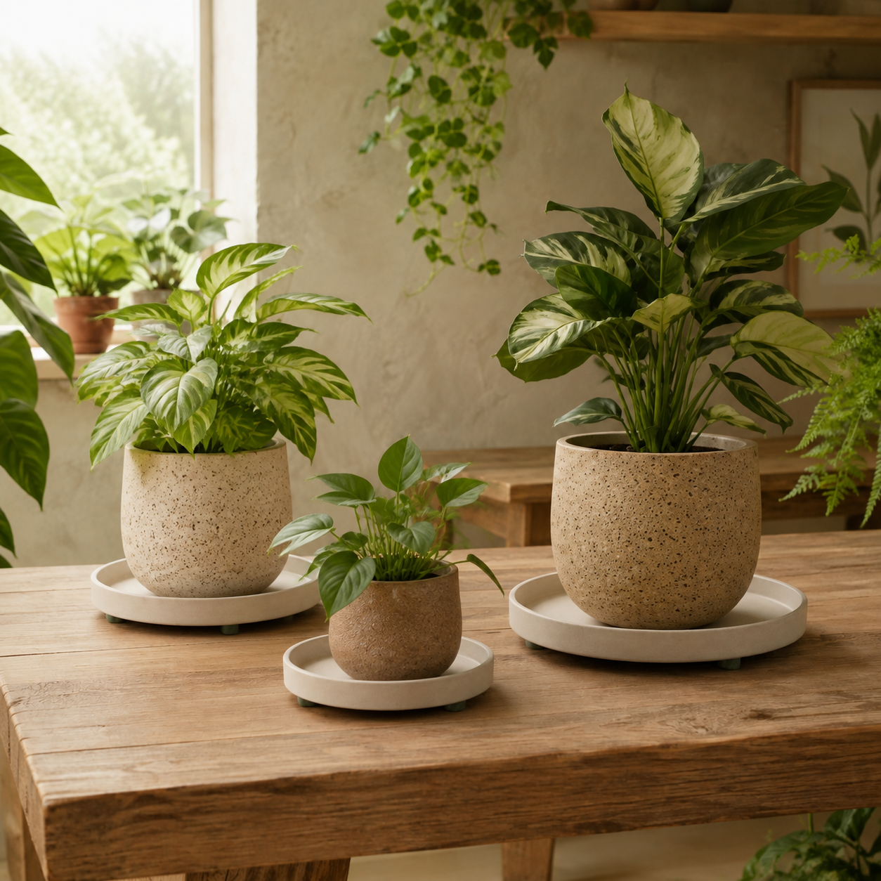 StoneDry Diatomite Plant Saucers — in-use view