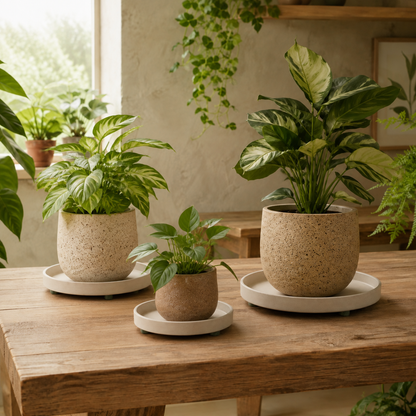 StoneDry Diatomite Plant Saucers — in-use view