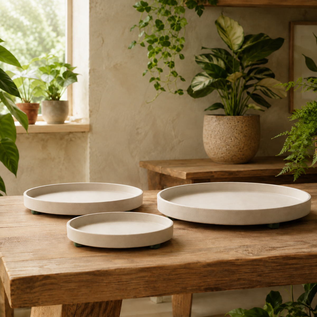 StoneDry Diatomite Plant Saucers — styled plant-room view